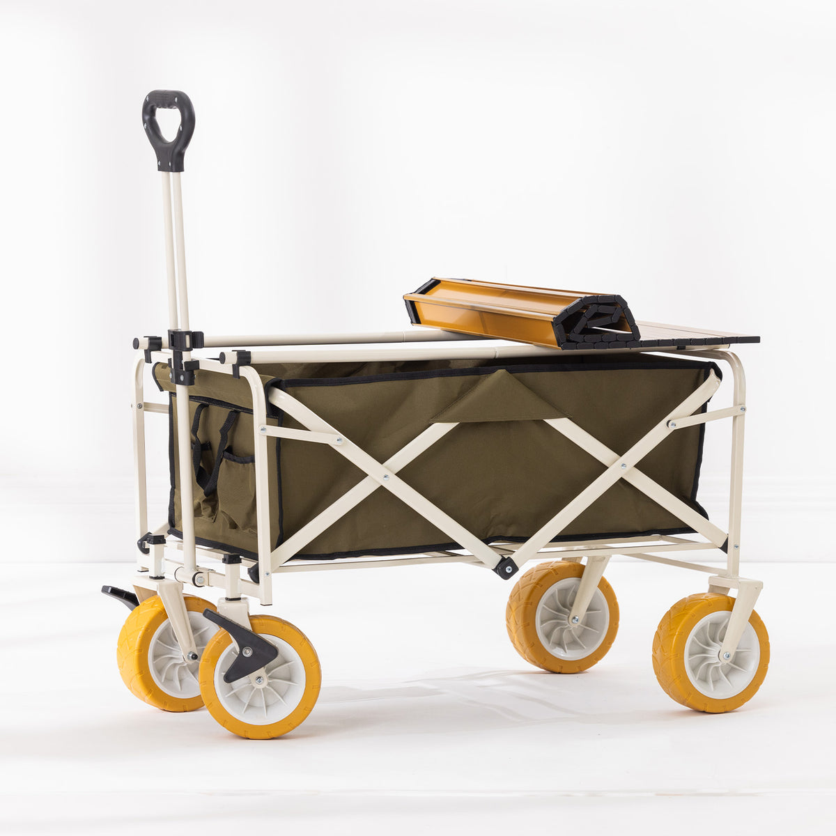 Green folding trolley shown with the slatted tabletop partially folded on top.