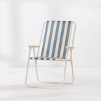 Blue Stripe folding beach chair with a cream metal frame and Blue and cream striped fabric seat and backrest.