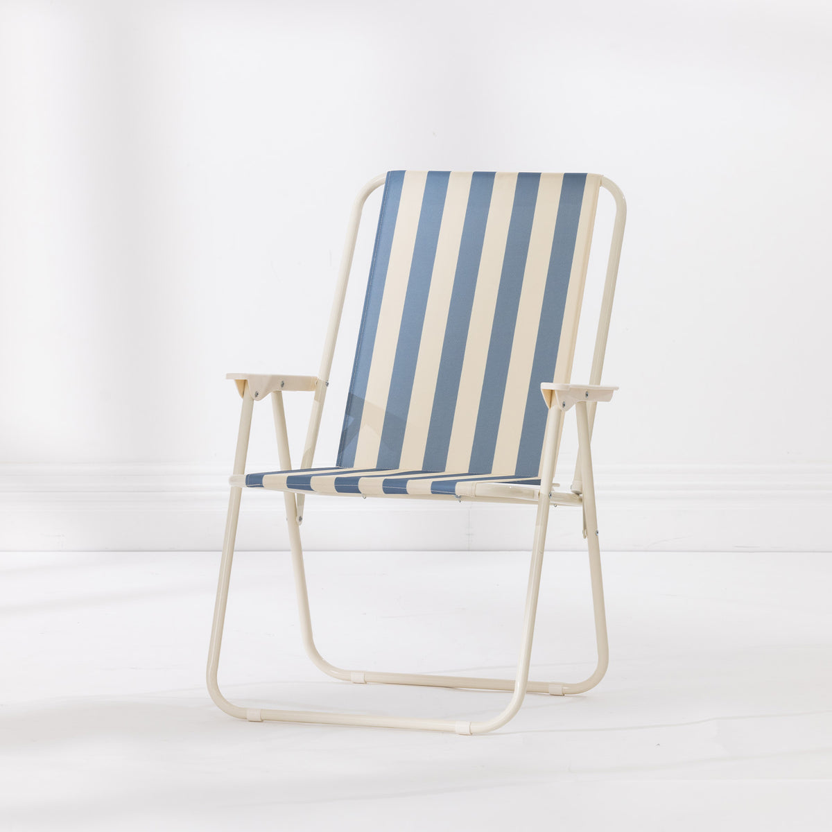Blue Stripe folding beach chair with a cream metal frame and Blue and cream striped fabric seat and backrest.