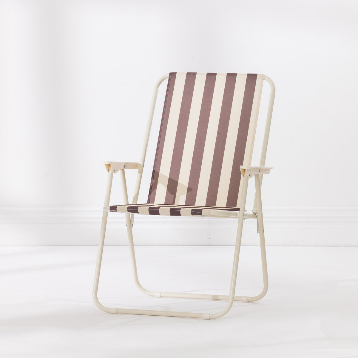 Mocha Stripe folding beach chair with a cream metal frame and Mocha and cream striped fabric seat and backrest.