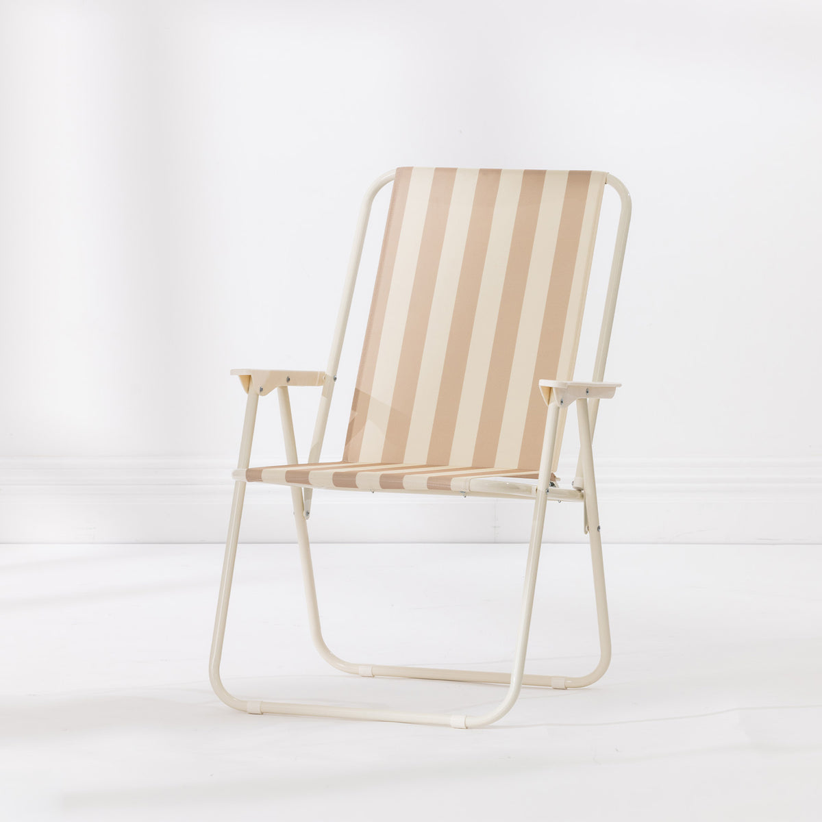 Natural Stripe folding beach chair with a cream metal frame and Natural and cream striped fabric seat and backrest.