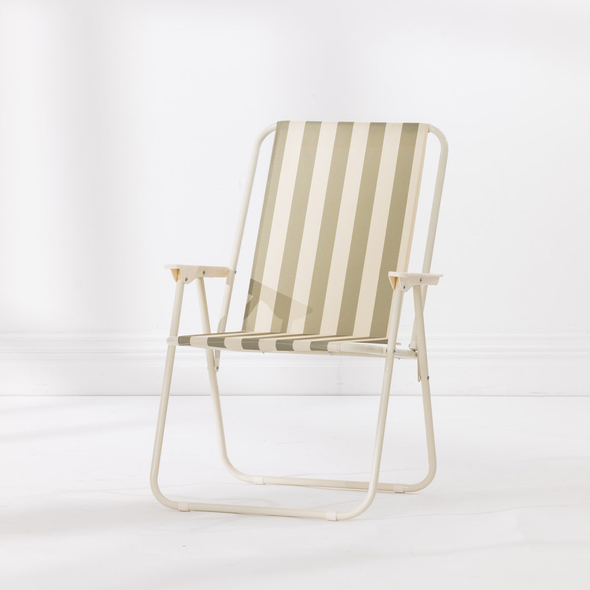Green Stripe folding beach chair with a cream metal frame and green and cream striped fabric seat and backrest.