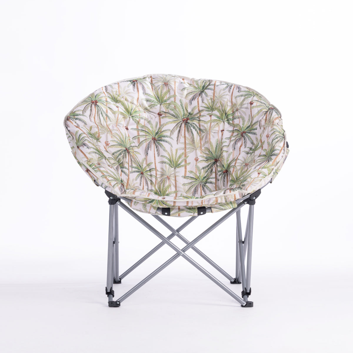 A folding moon chair with a ivory-colored fabric seat cushion featuring a green palm tree pattern, supported by a silver metal frame, shown against a plain white background.