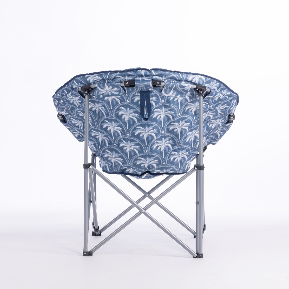 A folding moon chair with a blue and white palm tree patterned fabric seat cushion and a silver metal frame, shown on a plain white background.