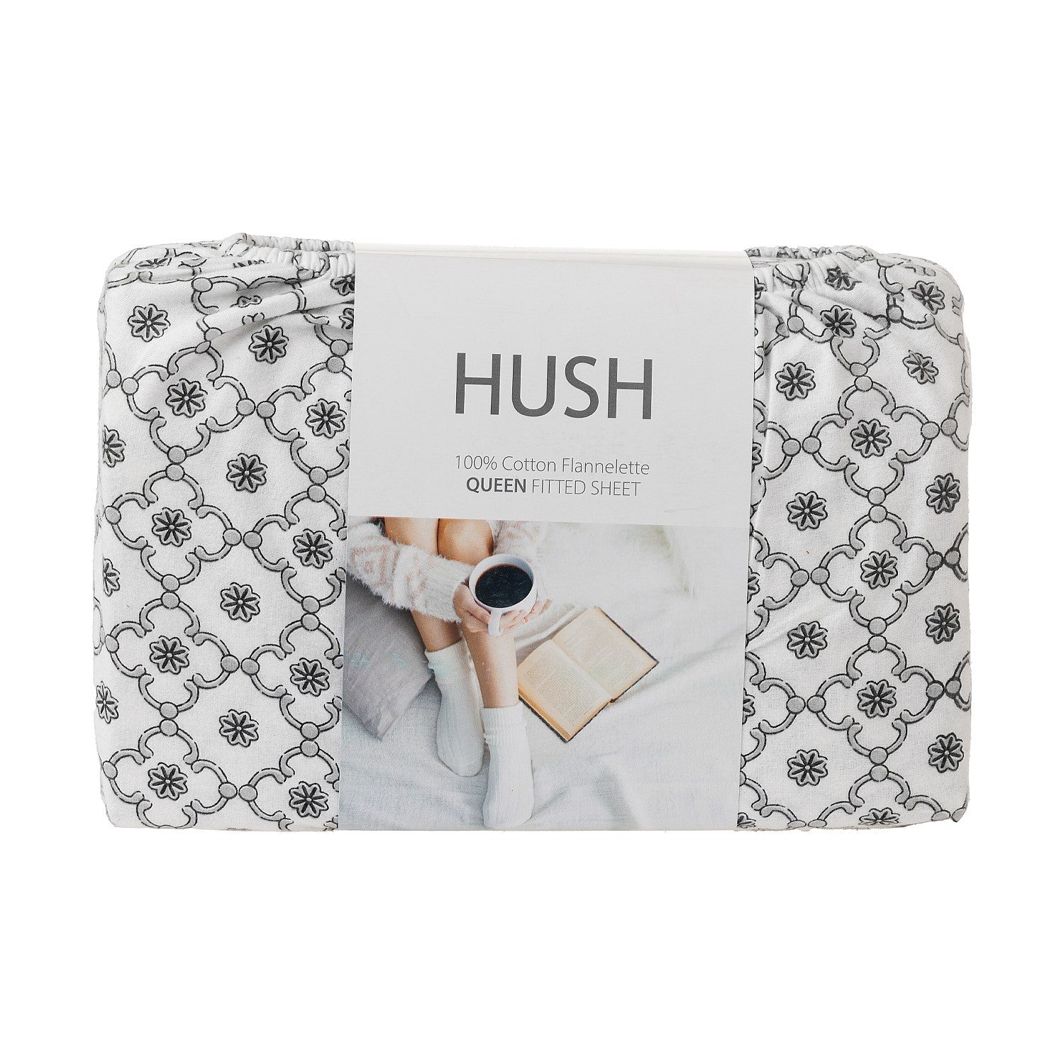 Hush brand fitted sheet with pattern on a white background
