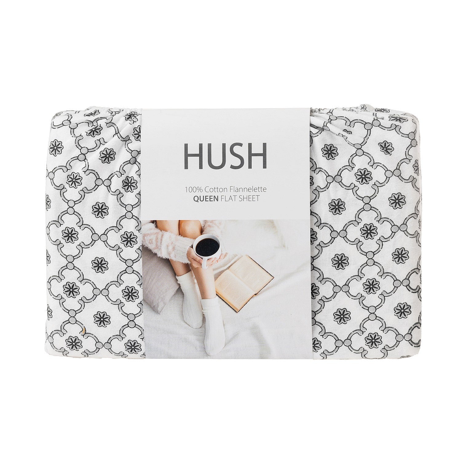 Hush brand flat sheet packaging with floral pattern on a white background