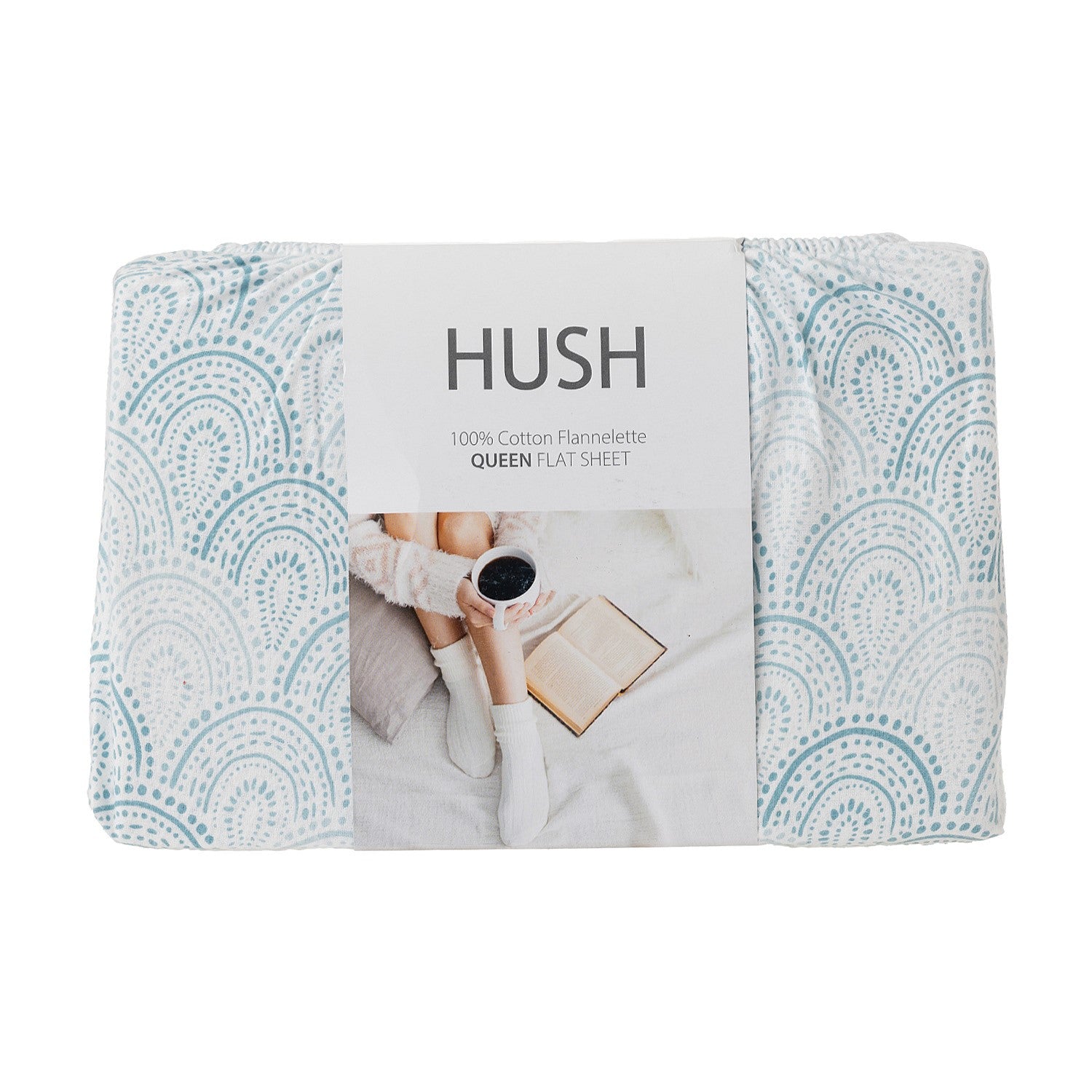 Hush brand flat sheet packaging with a patterned design on a white background