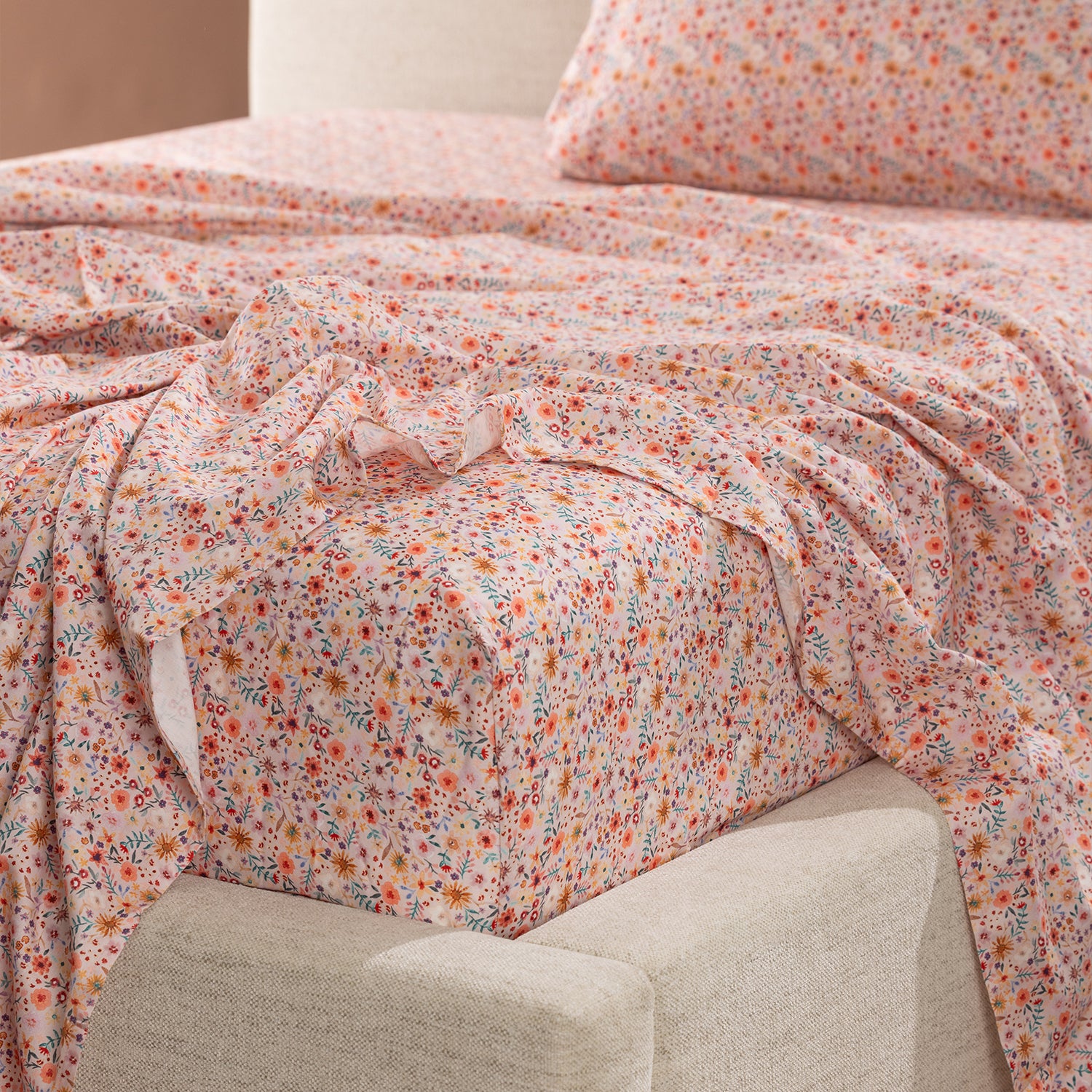 Close-up of the Marlo Mia Floral fitted sheet showcasing the delicate multicoloured floral print and smooth cotton sateen finish.