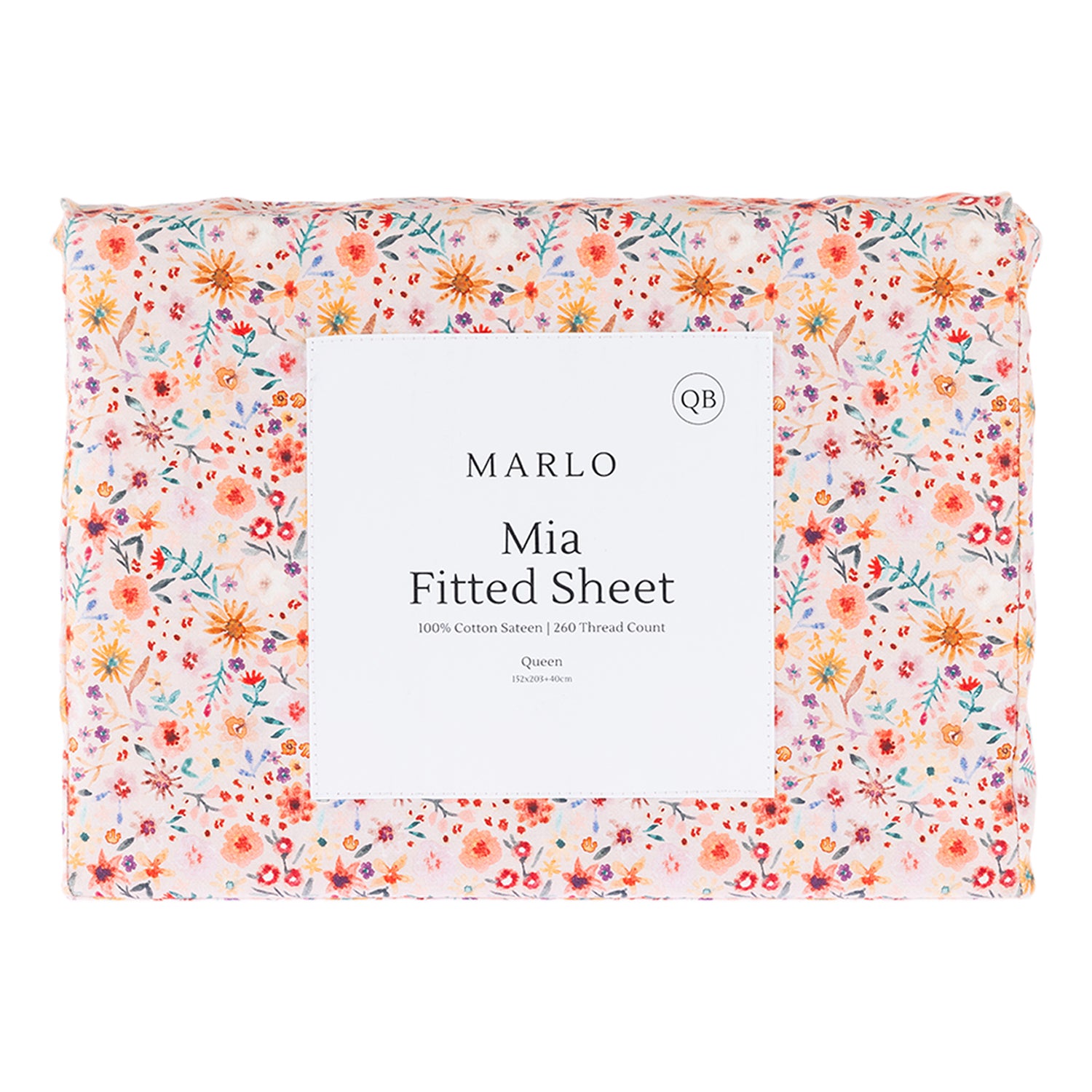 Marlo Mia Floral fitted sheet folded in packaging featuring the all-over floral design in soft pink, coral, yellow and blue tones.