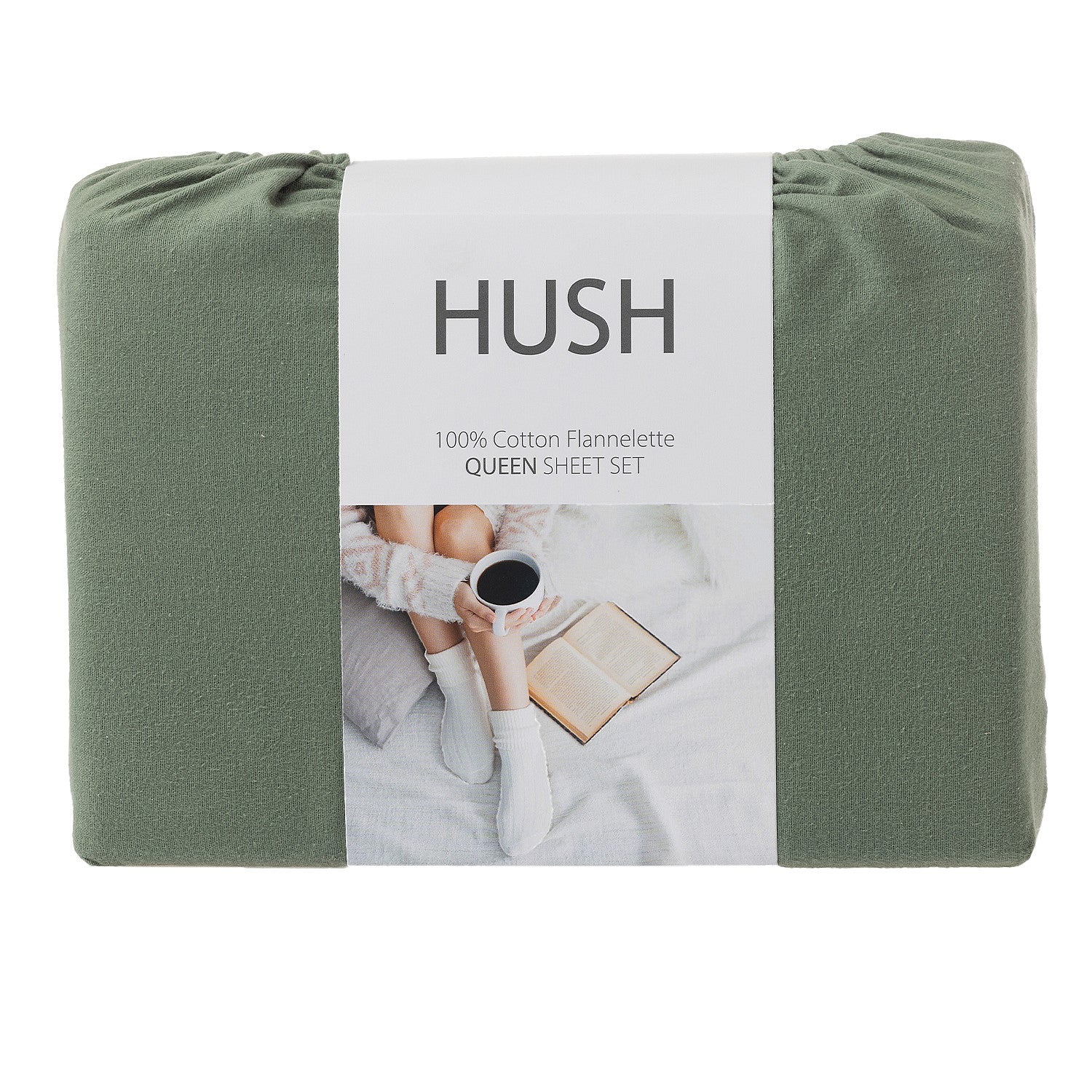 Green sheet set with 'HUSH' label on a white background
