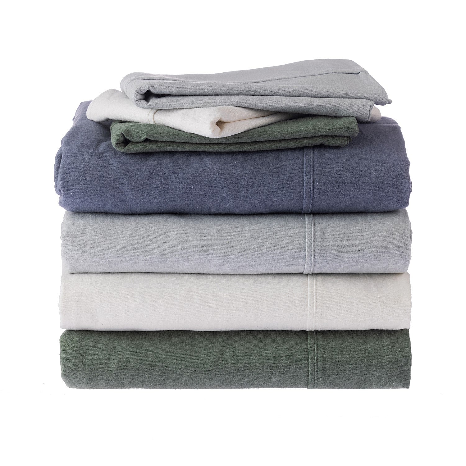 Stack of folded bed sheets in various colors on a white background