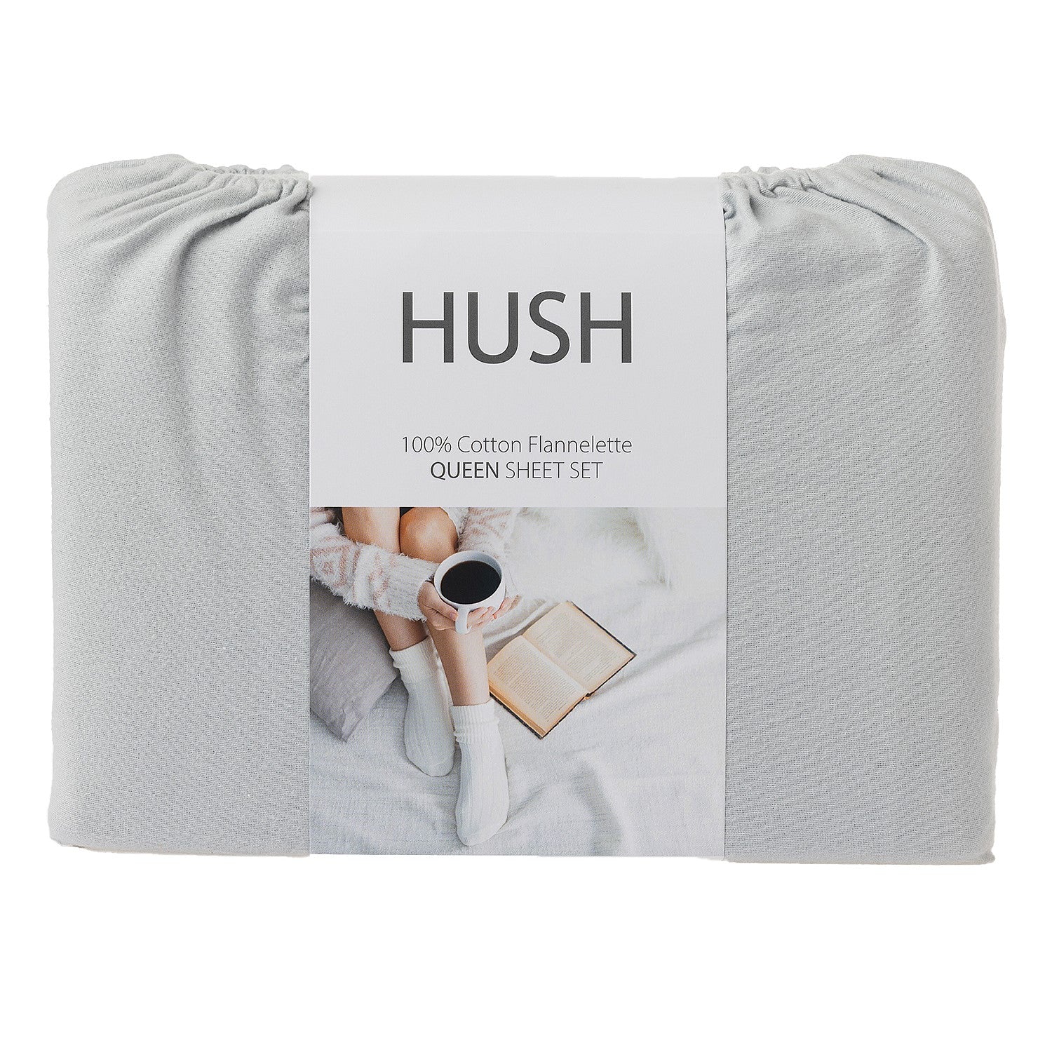 Hush 100% cotton flannelette queen sheet set packaging on a white background