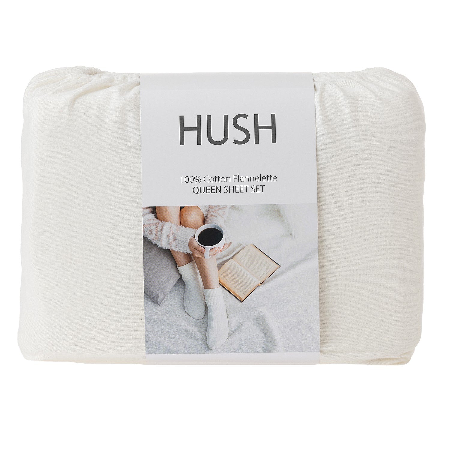 Hush brand 100% cotton flannel sheet set packaging on a white background