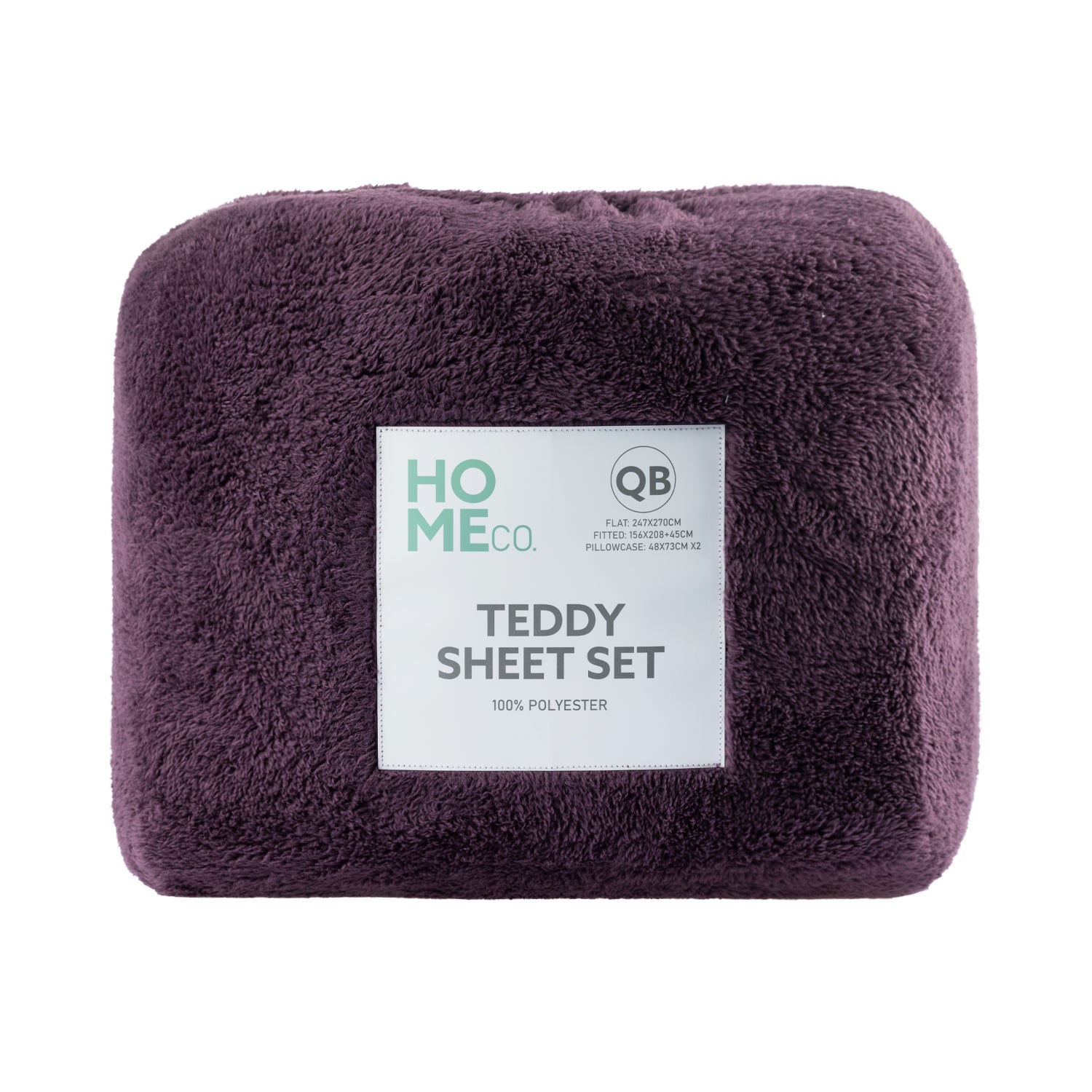 Purple teddy sheet set with a label on a white background