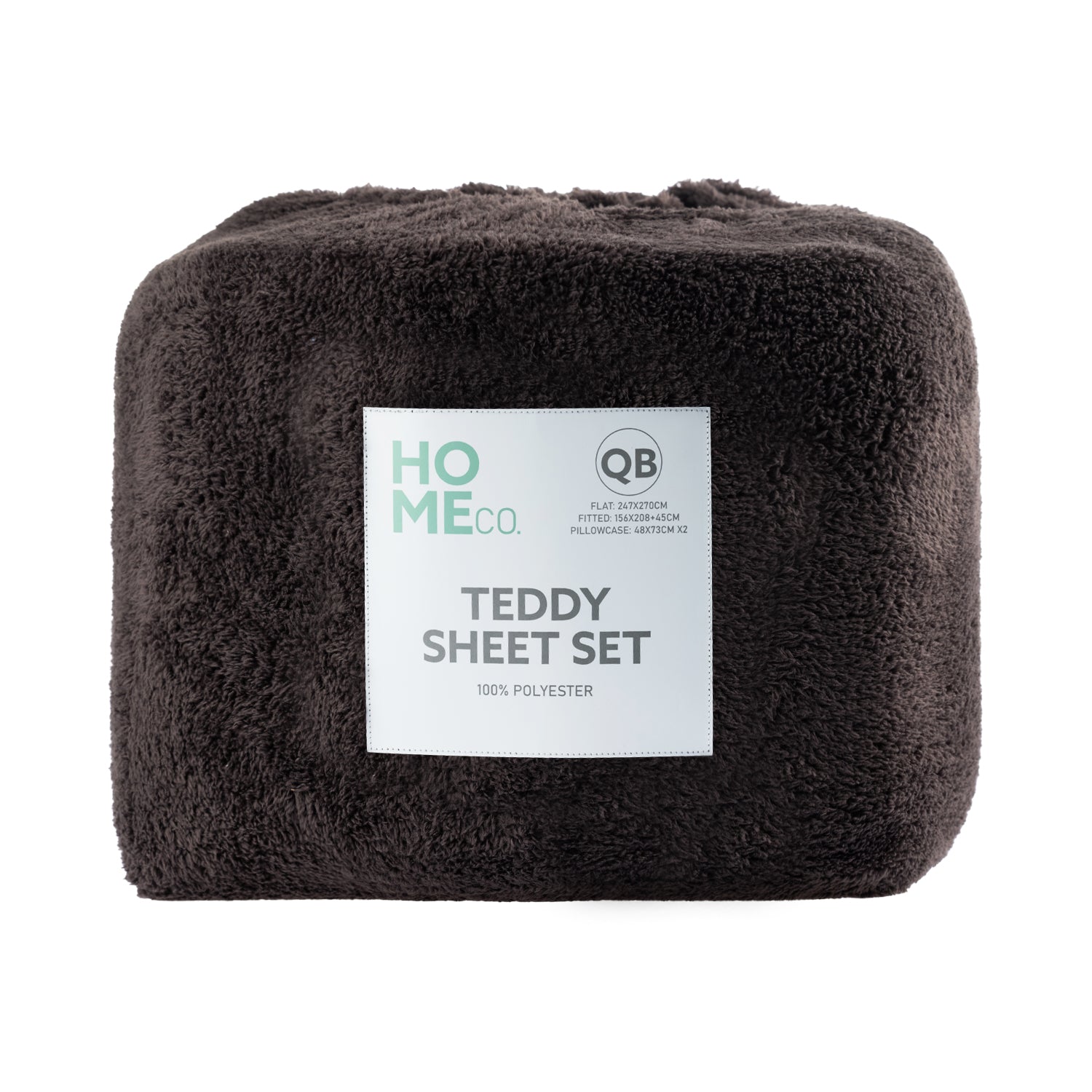 Dark brown teddy sheet set with a label on a white background