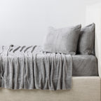 Gray bedding set on a bed with a white wall background