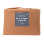 Brown microflannel sheet set with a label on a white background
