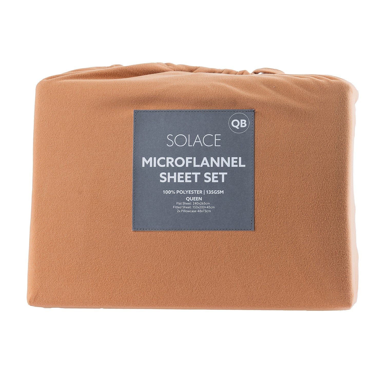 Brown microflannel sheet set with a label on a white background