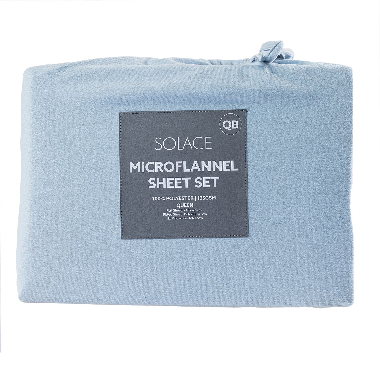 Folded light blue microflannel sheet set with Solace branding on a white background