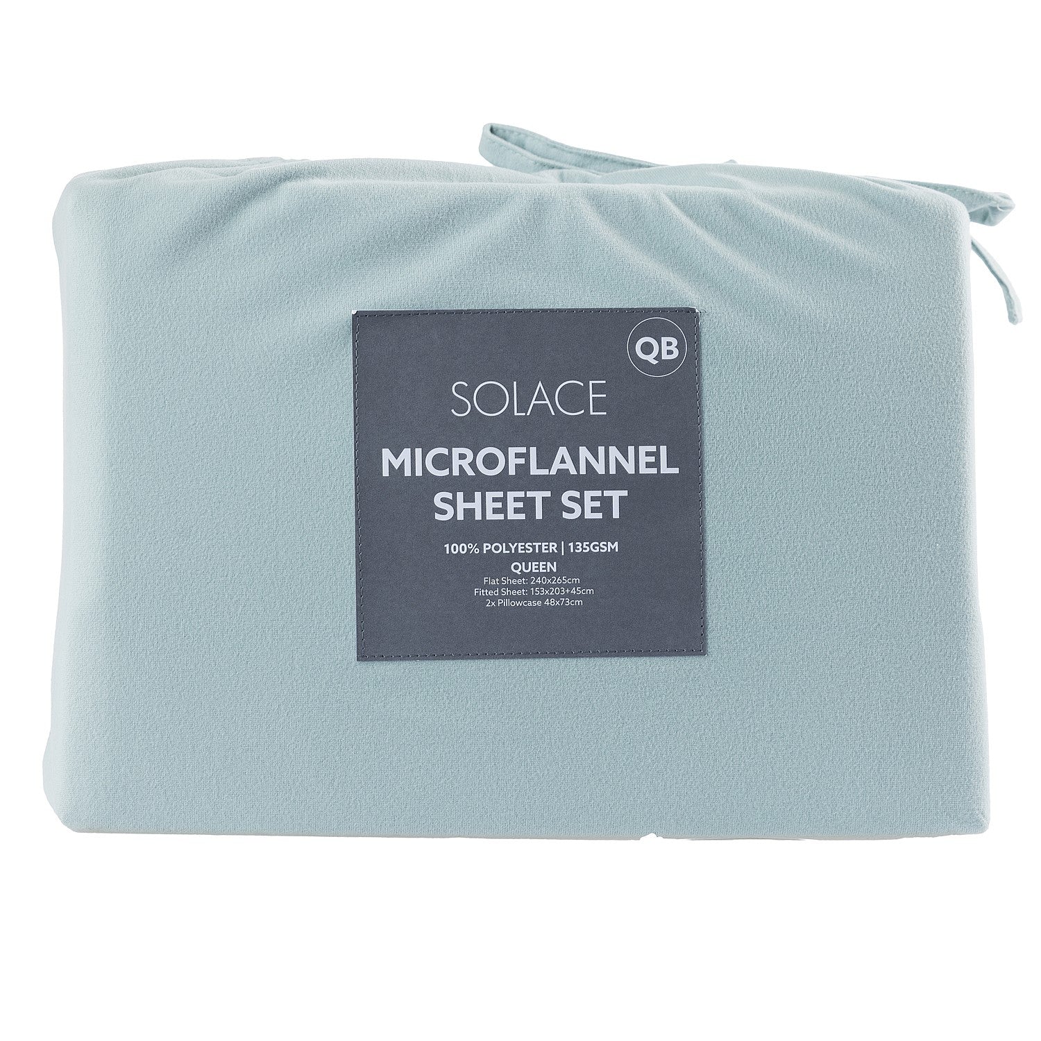 Folded light blue microflannel sheet set with a label on a white background