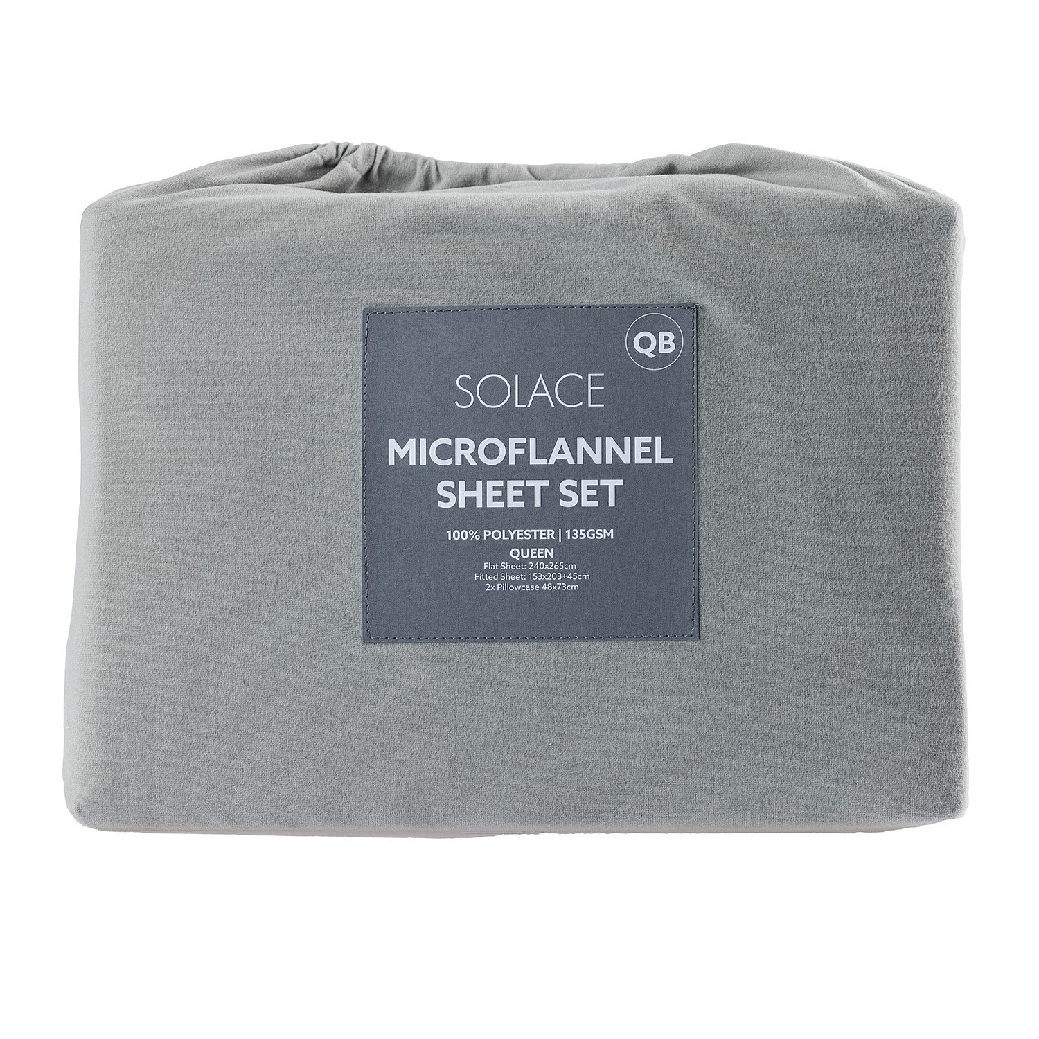 Gray microflannel sheet set with a label on a white background