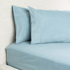 Light blue bedding set with pillows on a bed against a neutral wall.