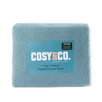 Blue fleece fitted sheet pack with 'Cosy & Co.' label on a white background