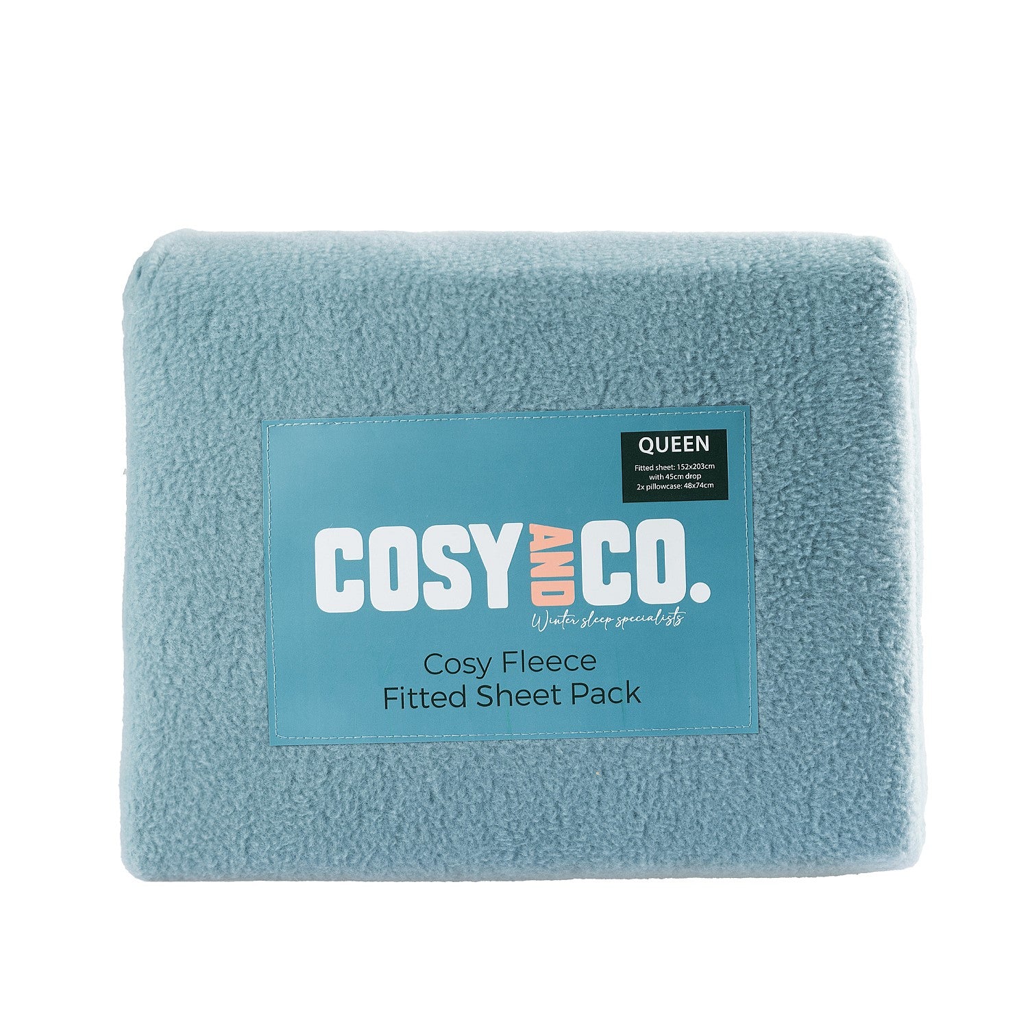 Blue fleece fitted sheet pack with 'Cosy & Co.' label on a white background