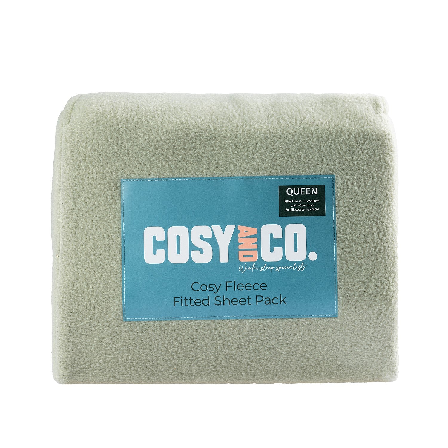 Cosy fleece fitted sheet pack with Cosy and Co label on a white background