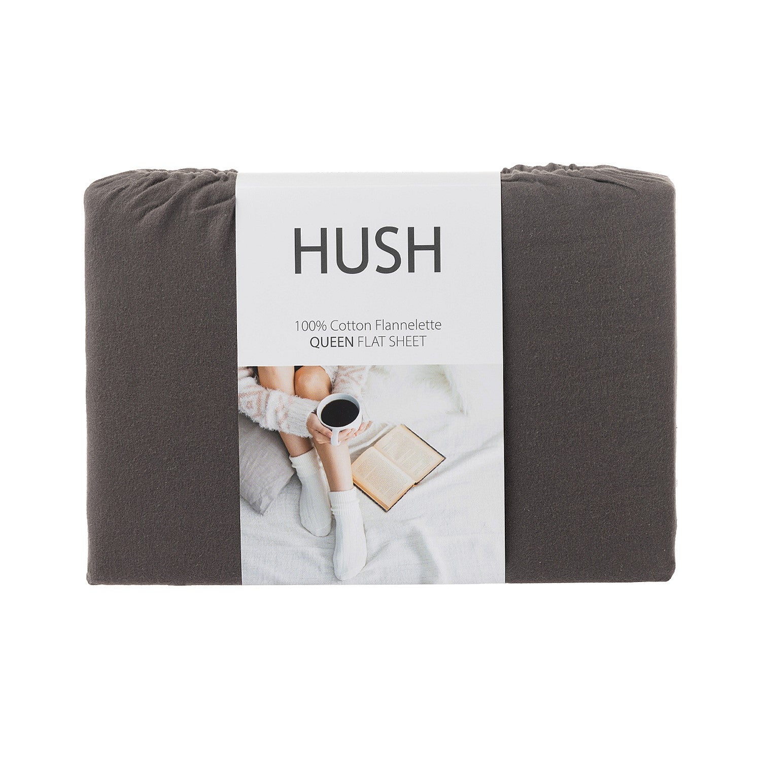 Gray flat sheet with 'Hush' branding on a white background