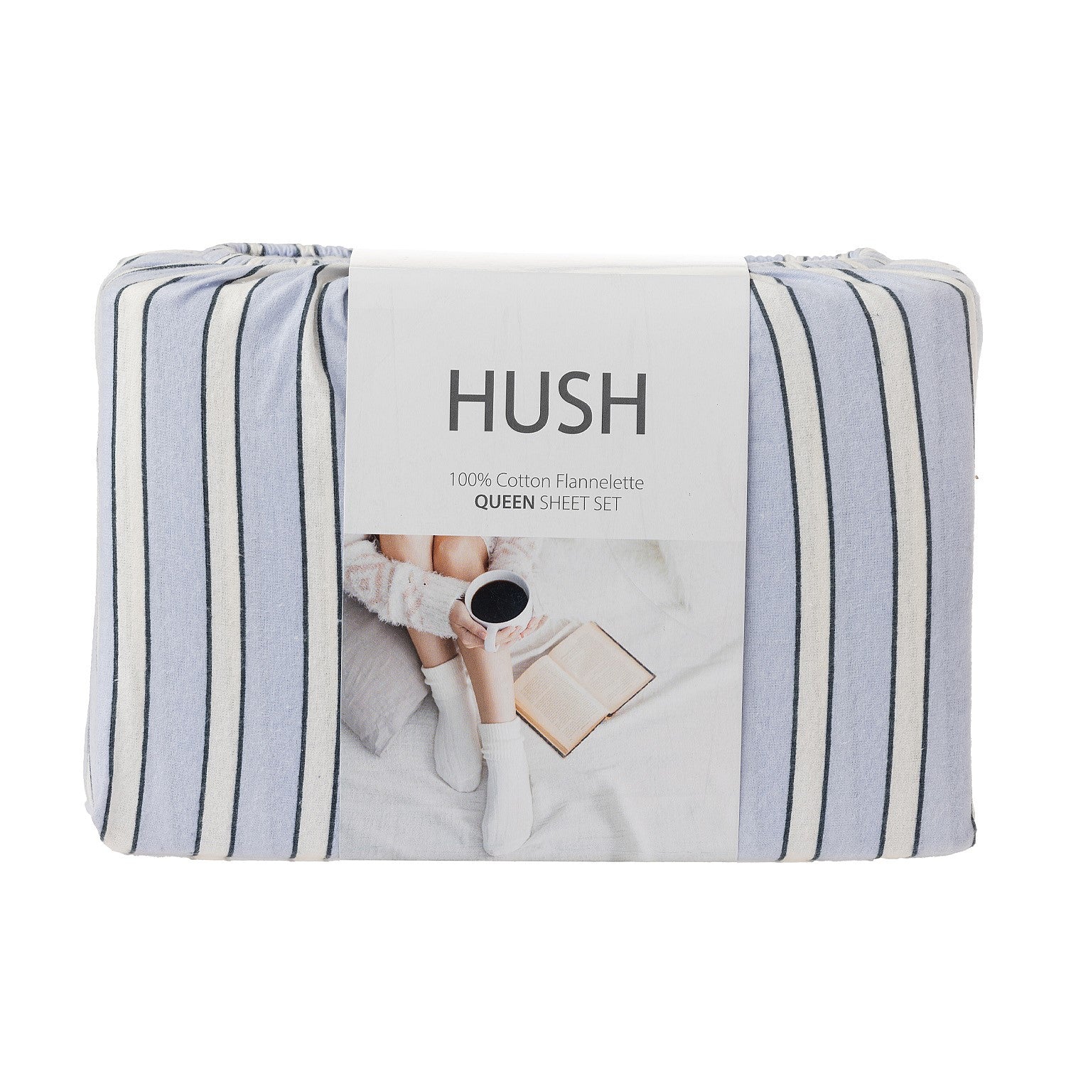 Packaged Hush sheet set with striped design on a white background