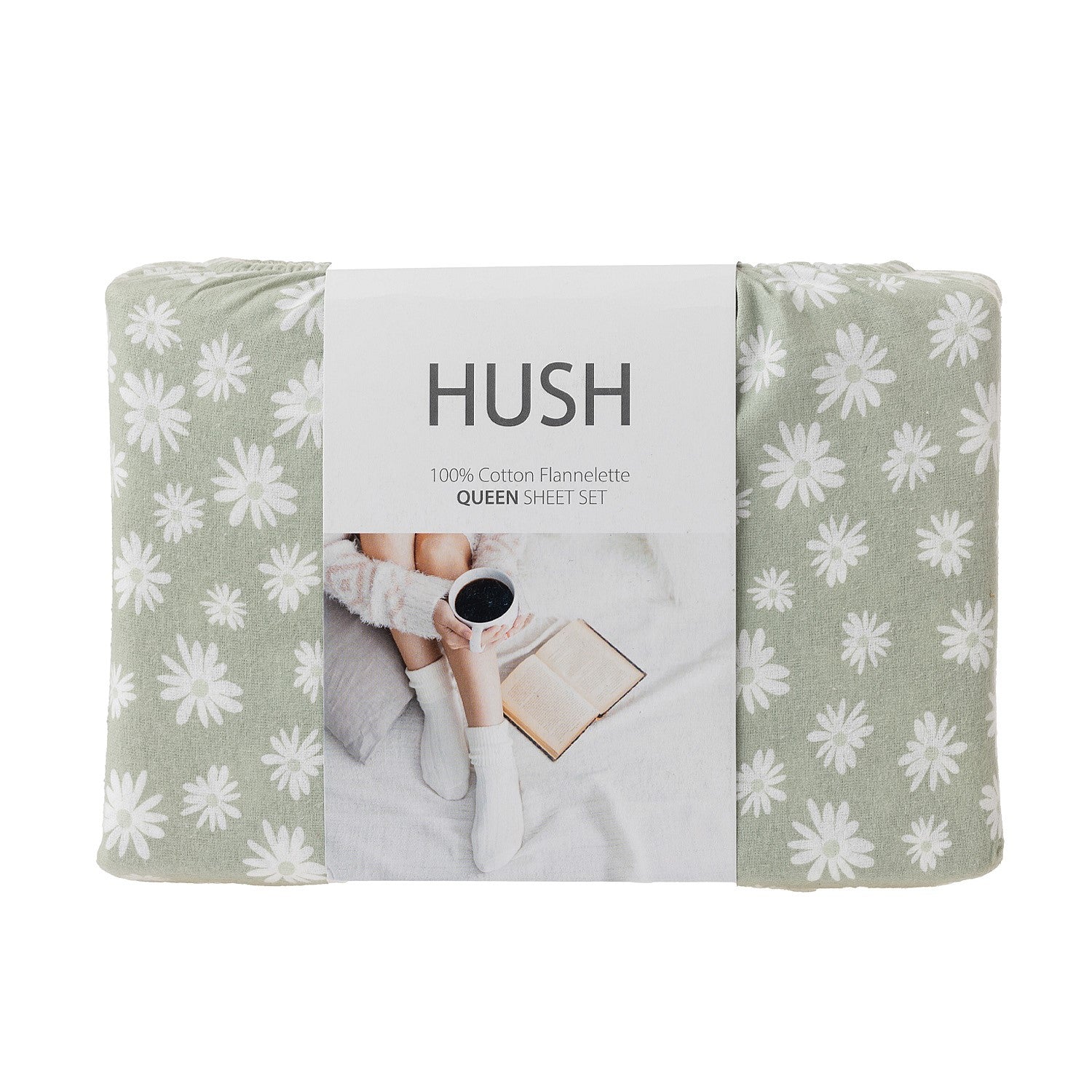 Hush brand 100% cotton flannelette queen sheet set with floral pattern on a white background