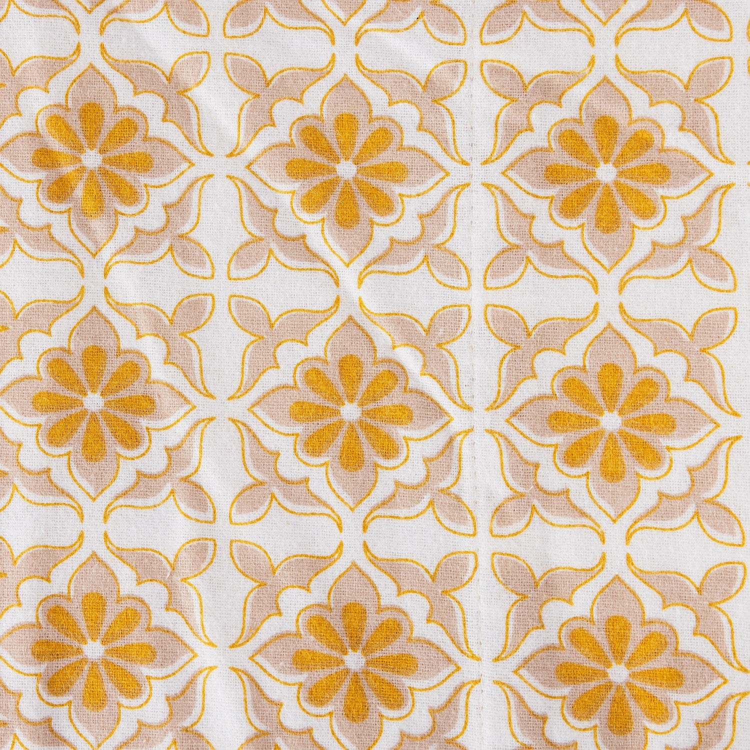 Patterned fabric with yellow flowers on a white background