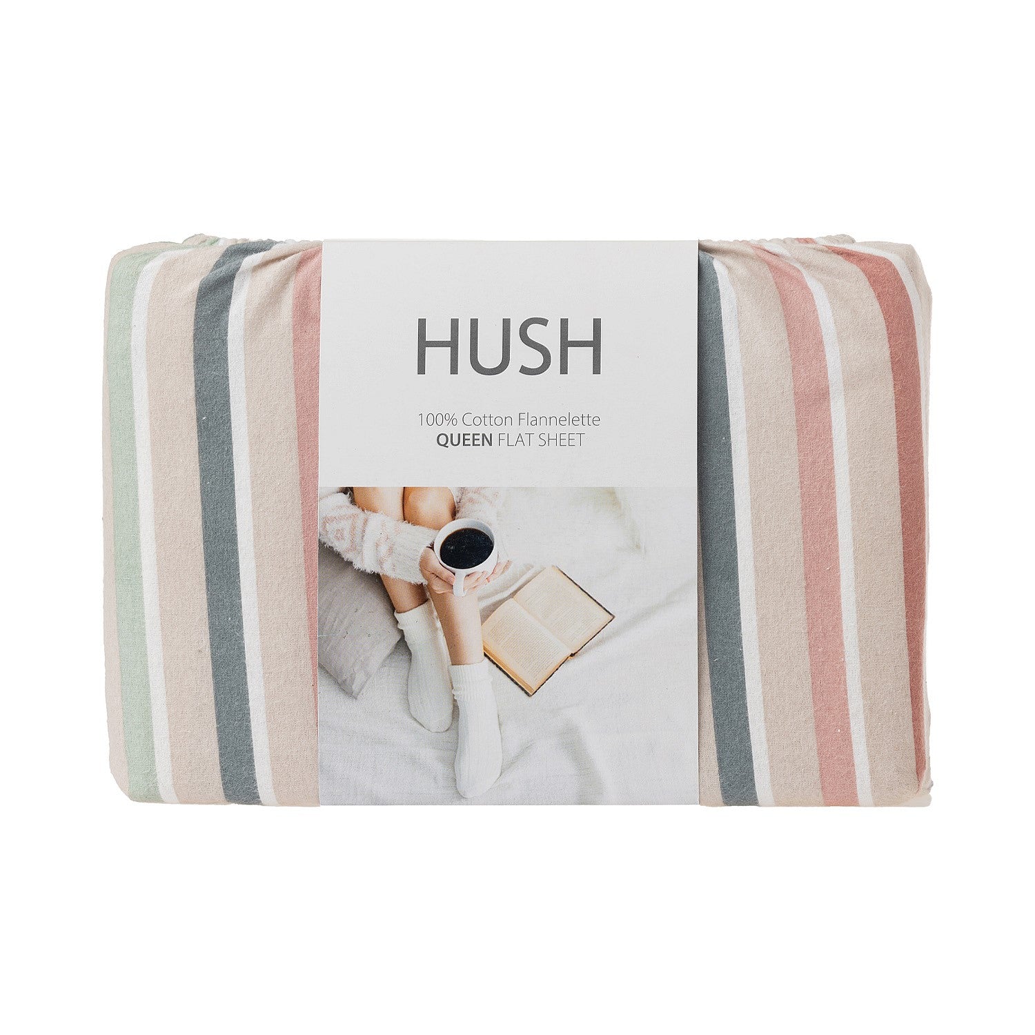 Striped flat sheet with 'Hush' branding on a white background
