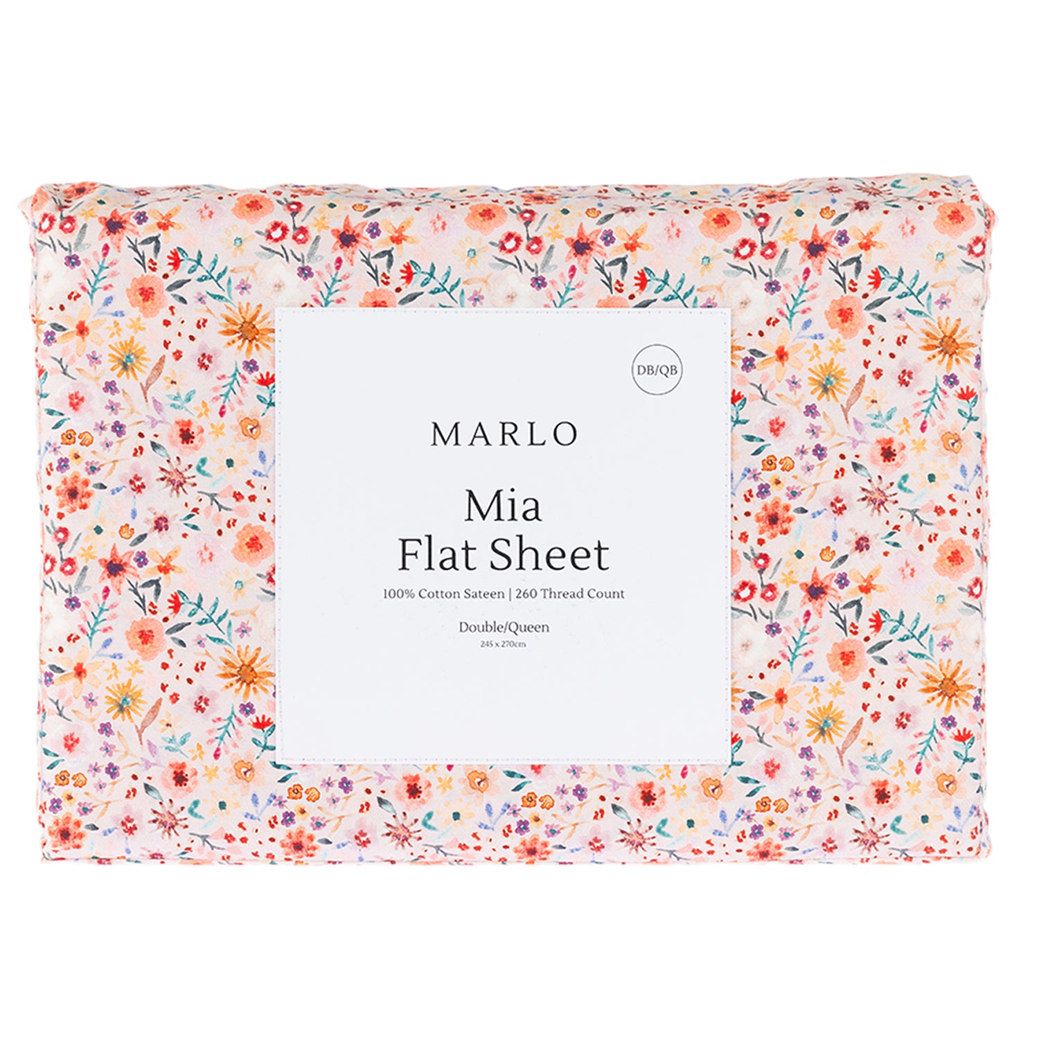 Marlo Mia Floral Flat Sheet folded in packaging featuring a colourful floral print on a soft blush background.