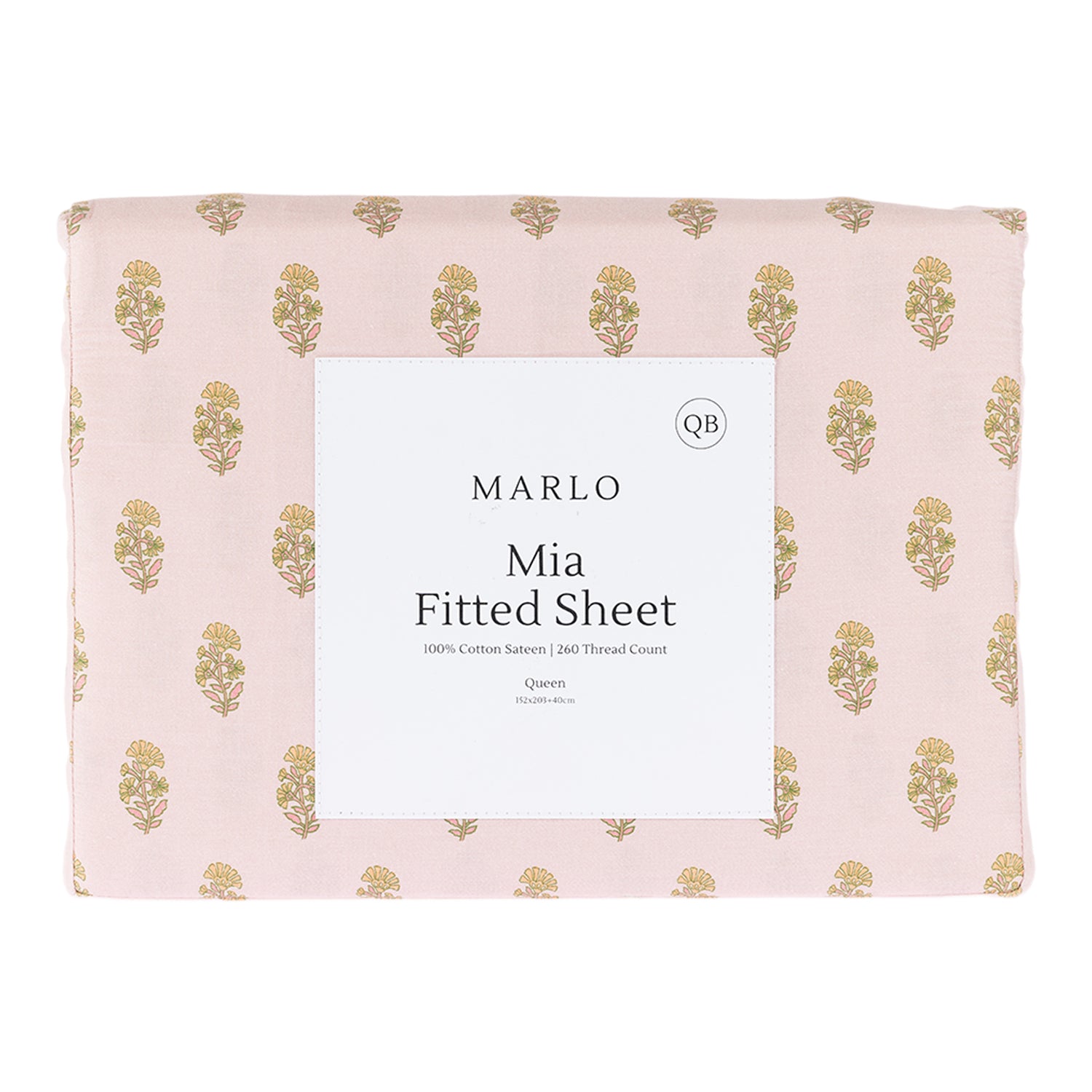 Marlo Mia fitted sheet folded in packaging featuring the soft pink floral motif pattern.
