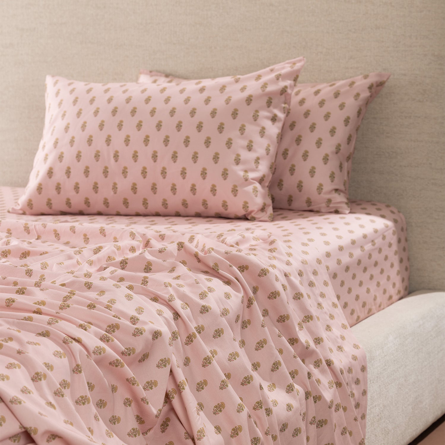 Marlo Mia fitted sheet styled on a bed with matching printed pillowcases, highlighting the coordinated design.