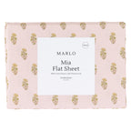 Marlo Mia Flat Sheet folded in packaging featuring a blush pink background with an all-over floral motif print.
