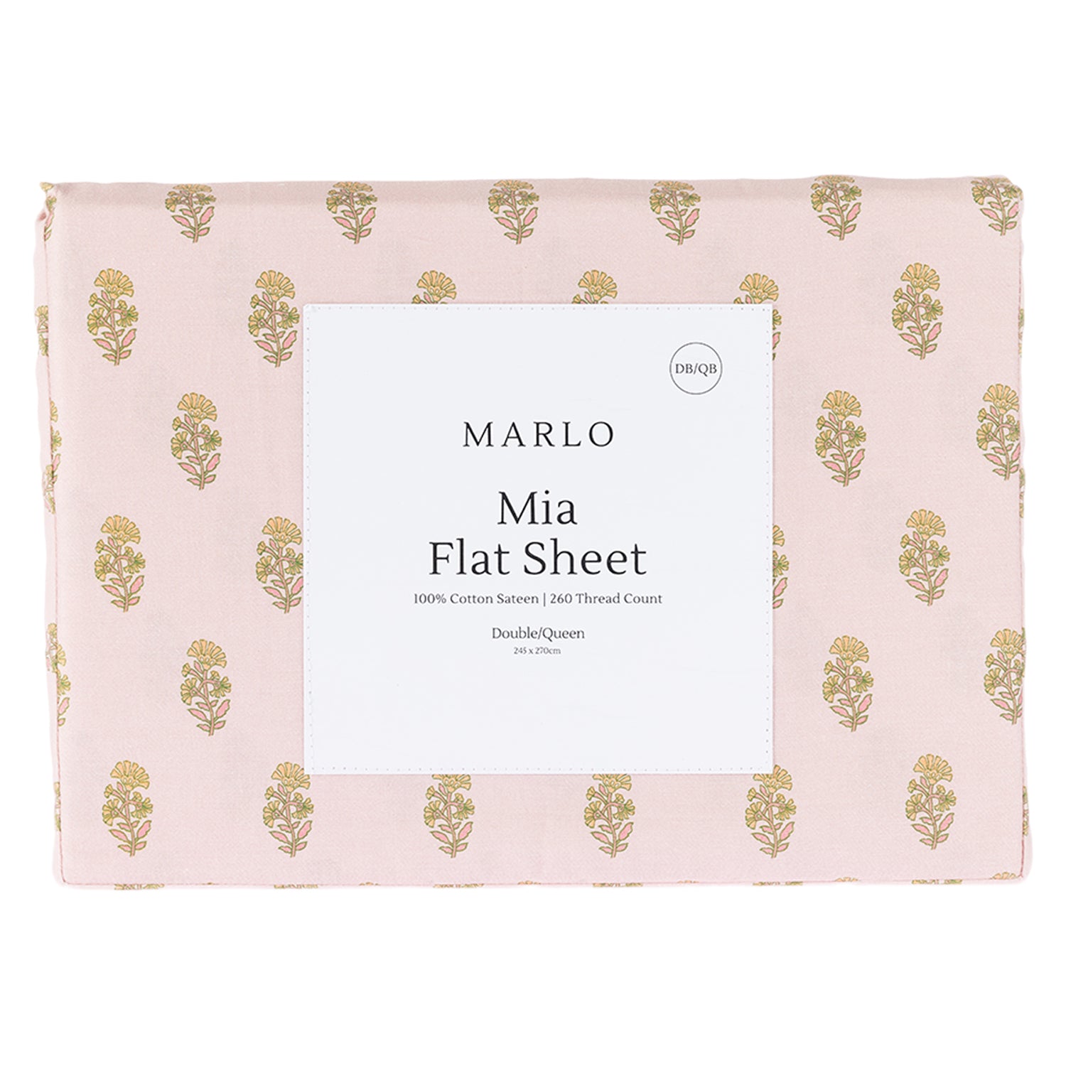 Marlo Mia Flat Sheet folded in packaging featuring a blush pink background with an all-over floral motif print.