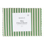 Marlo Mia Stripe Fitted Sheet folded in packaging featuring green and blush vertical stripe design.