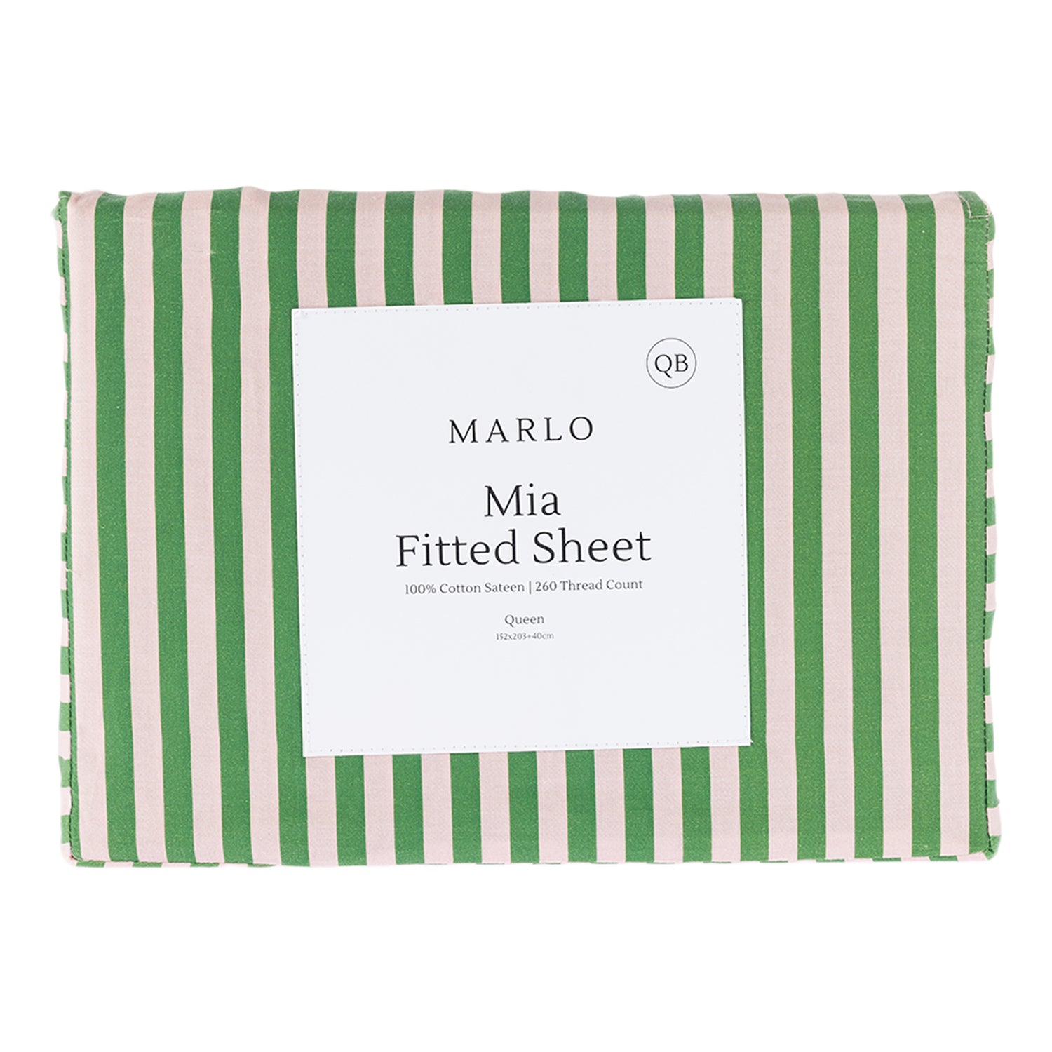 Marlo Mia Stripe Fitted Sheet folded in packaging featuring green and blush vertical stripe design.