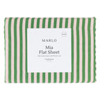 Marlo Mia Stripe Flat Sheet folded in packaging featuring a pink and green vertical stripe design.