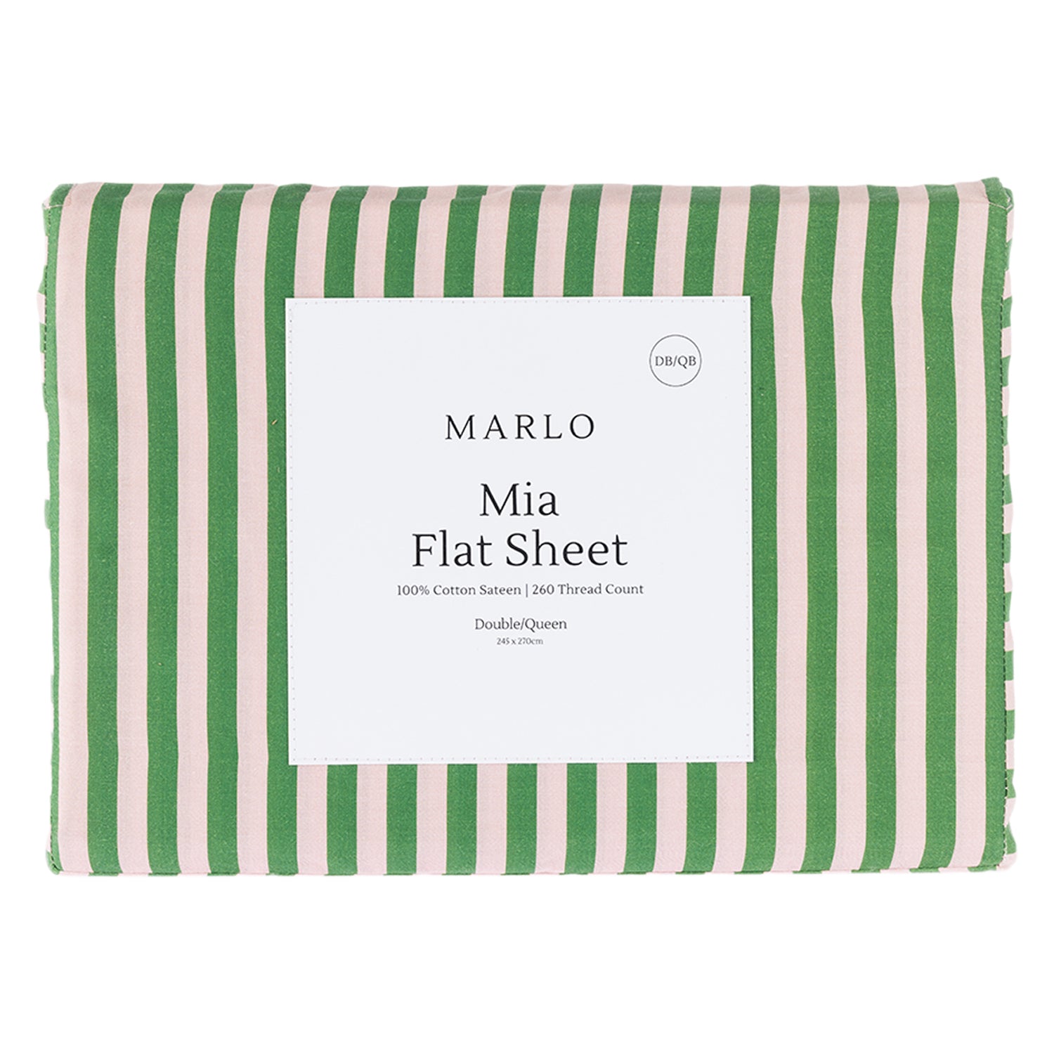 Marlo Mia Stripe Flat Sheet folded in packaging featuring a pink and green vertical stripe design.