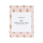Marlo Mia Pillowcase Pair in Blush, folded in retail packaging featuring a soft blush background with an all-over floral sprig print and white product label.
