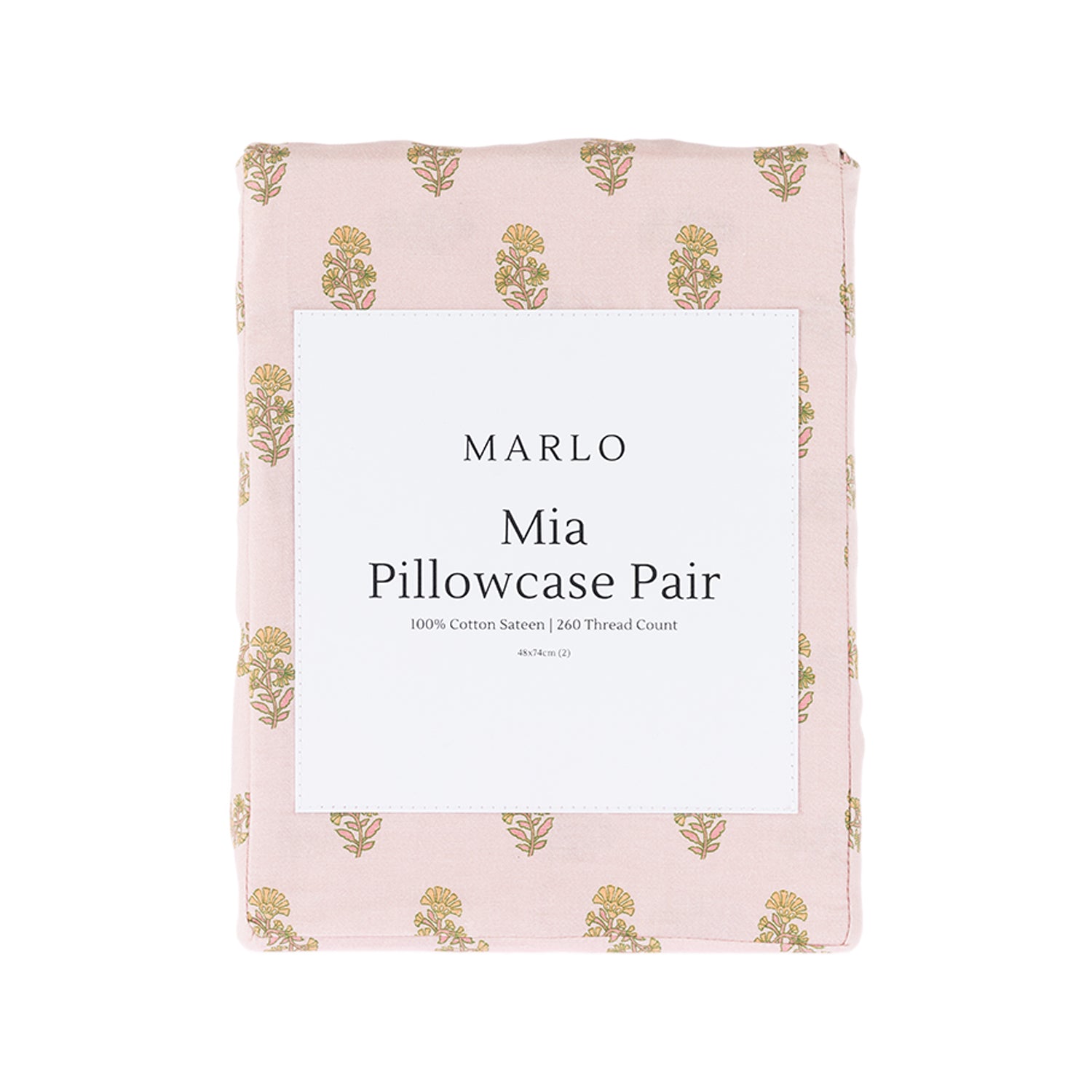 Marlo Mia Pillowcase Pair in Blush, folded in retail packaging featuring a soft blush background with an all-over floral sprig print and white product label.