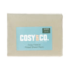 A neatly packaged polar fleece fitted sheet set in a grey tone showcases its ultra-soft texture, offering cosy comfort for cooler nights.
