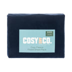 A neatly packaged polar fleece fitted sheet set in a navy tone showcases its ultra-soft texture, offering cosy comfort for cooler nights.