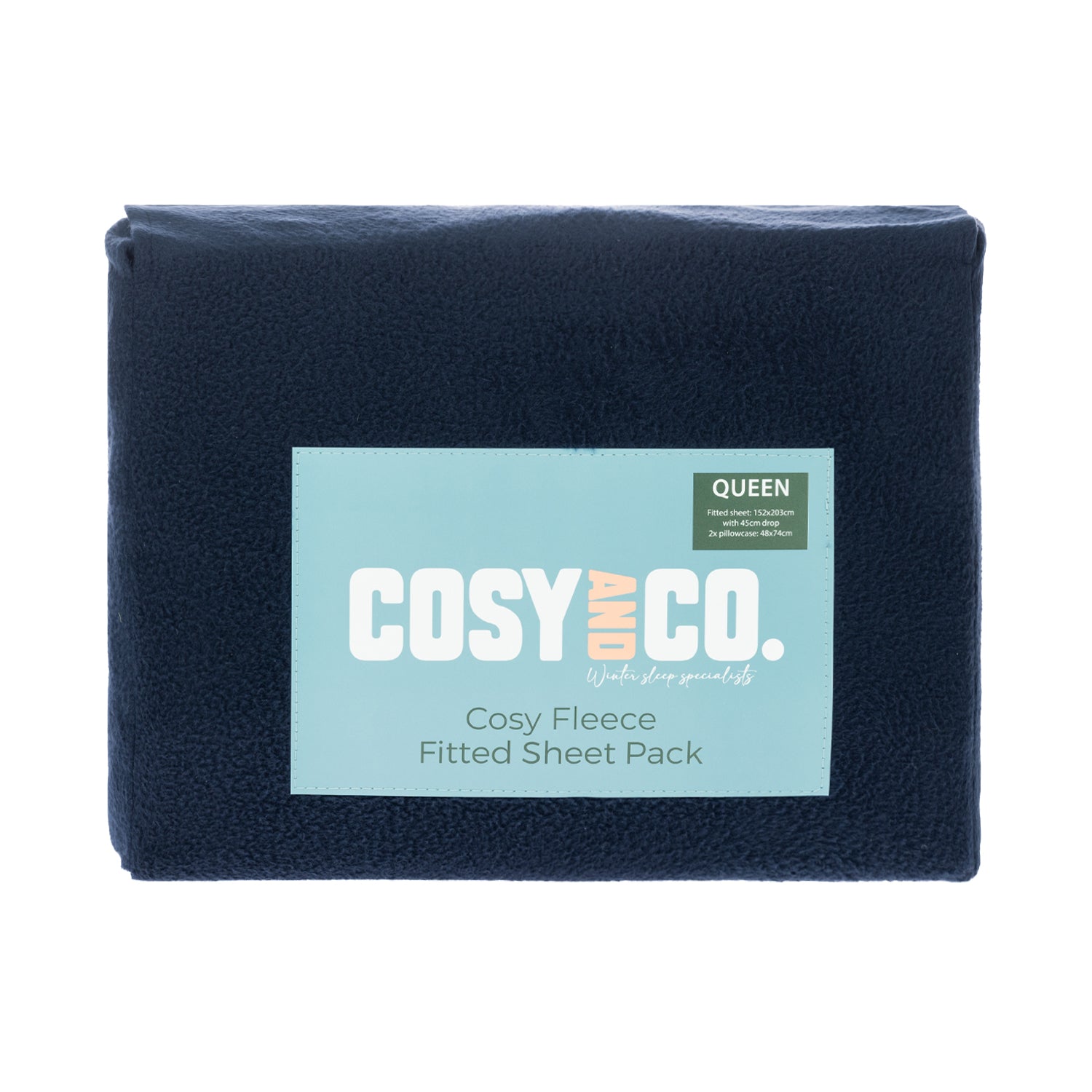 A neatly packaged polar fleece fitted sheet set in a navy tone showcases its ultra-soft texture, offering cosy comfort for cooler nights.