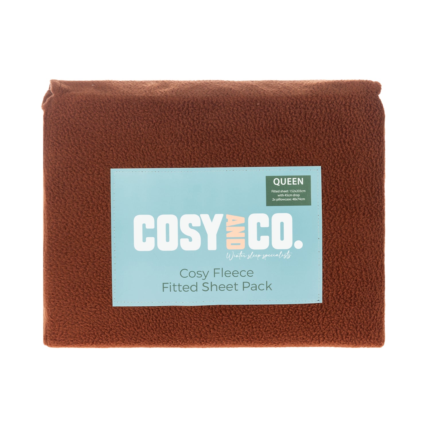 A neatly packaged polar fleece fitted sheet set in a rust tone showcases its ultra-soft texture, offering cosy comfort for cooler nights.