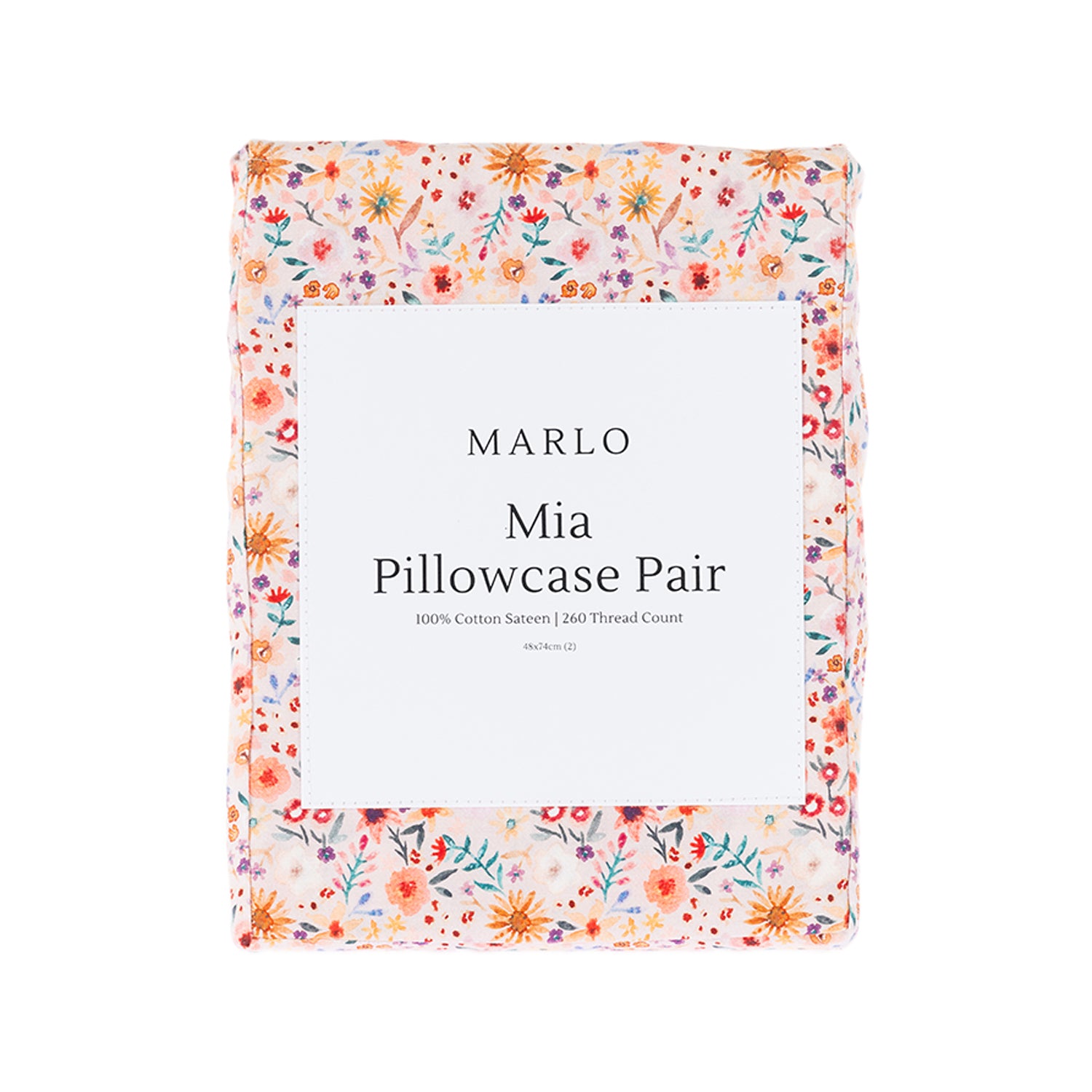 Marlo Mia Pillowcase Pair in floral print packaging featuring a pink background with delicate multicoloured flowers.